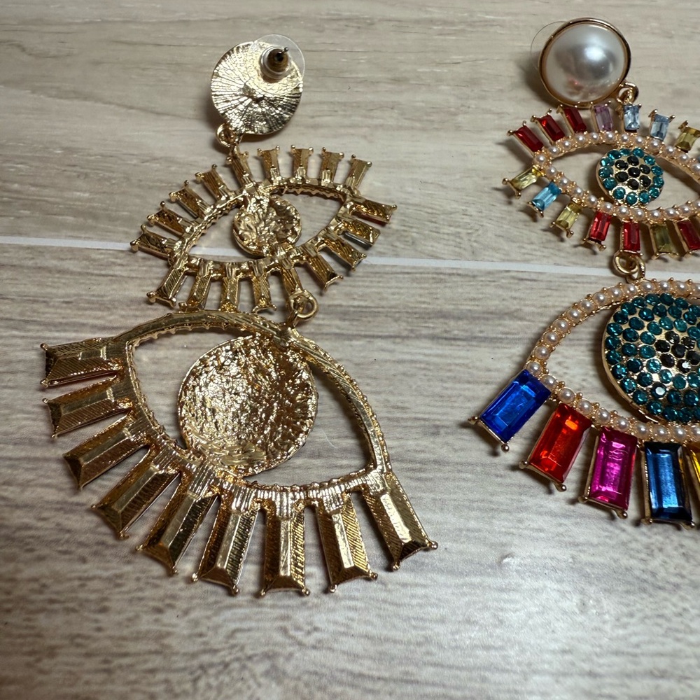 Evil Eye Statement Earrings Multicolor Rhinestone… - image 4